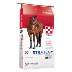 Purina Strategy Professional Formula GX Horse Feed. Red and white 50-lb feed bag.
