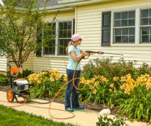 photo of woman using stihl product to Clean Siding with a Pressure Washer