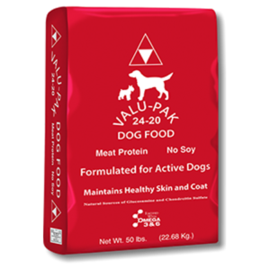 Valu-Pak 24-20 Active Formula Healthy Skin and Coat. 50-lb red dry dog food bag.