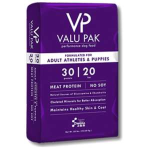 Valu-Pak 30-20 Adult Athlete Dog & Puppy. 50-lb purple dry dog food bag.