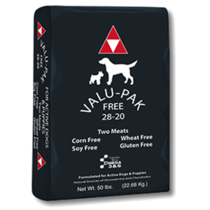 Valu-Pak Free 28-20. Black dry dog food bag.